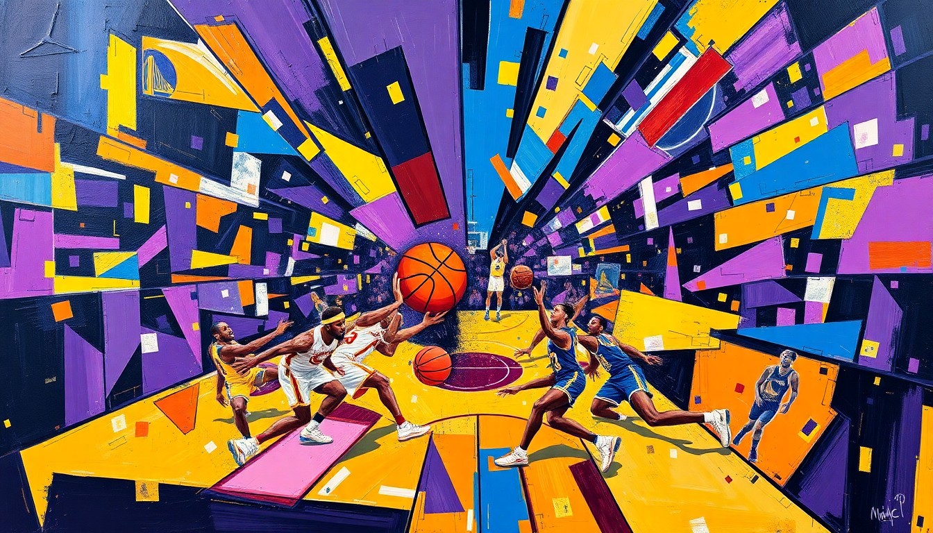 A fractured, multi-perspective painting in vibrant colors of purple, gold, blue, and yellow, breaking down a basketball game into sharp, overlapping geometric planes in an abstract, energetic composition.