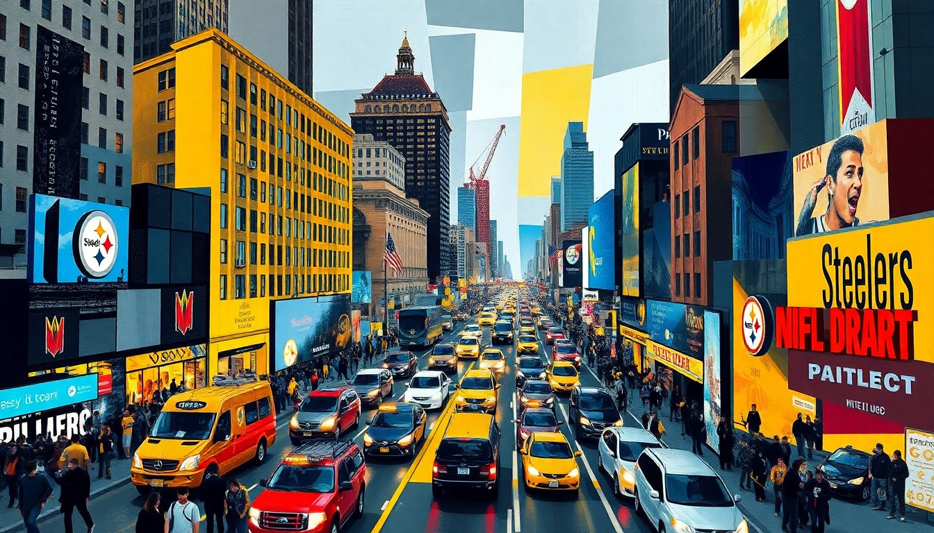 A cubist, fragmented painting depicting the streets, traffic, and crowds of the NFL Draft in Pittsburgh, with sharp geometric shapes and planes in the team colors of black, gold, and white, conveying the sense of disruption and logistical complexity.