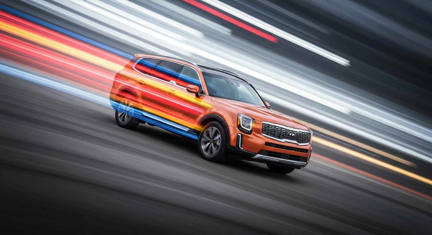 An abstract, colorful image created with a slow shutter speed and panning motion, depicting a 2027 Kia Telluride SUV as a series of vibrant, sweeping brushstrokes that convey a sense of speed, power, and modern engineering.