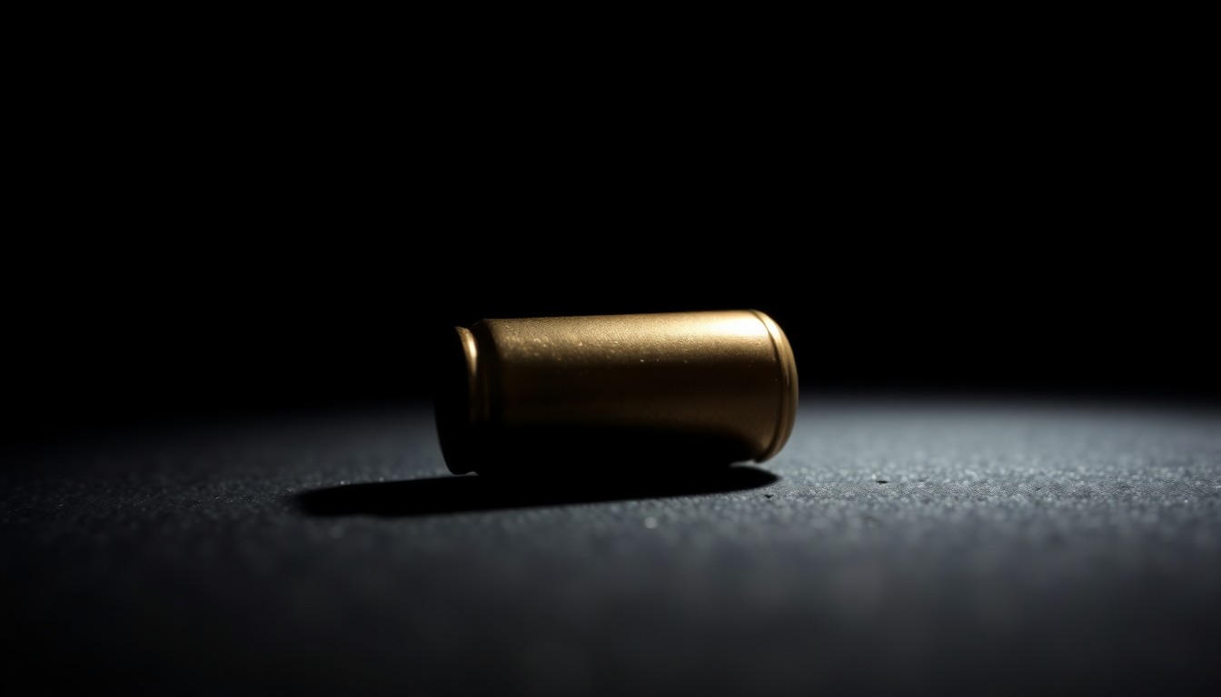 An extreme close-up photograph of a single bullet casing on a dark background, lit by a harsh, direct camera flash, creating a stark, gritty, investigative aesthetic that conceptually represents the tragic aftermath of an accidental shooting.