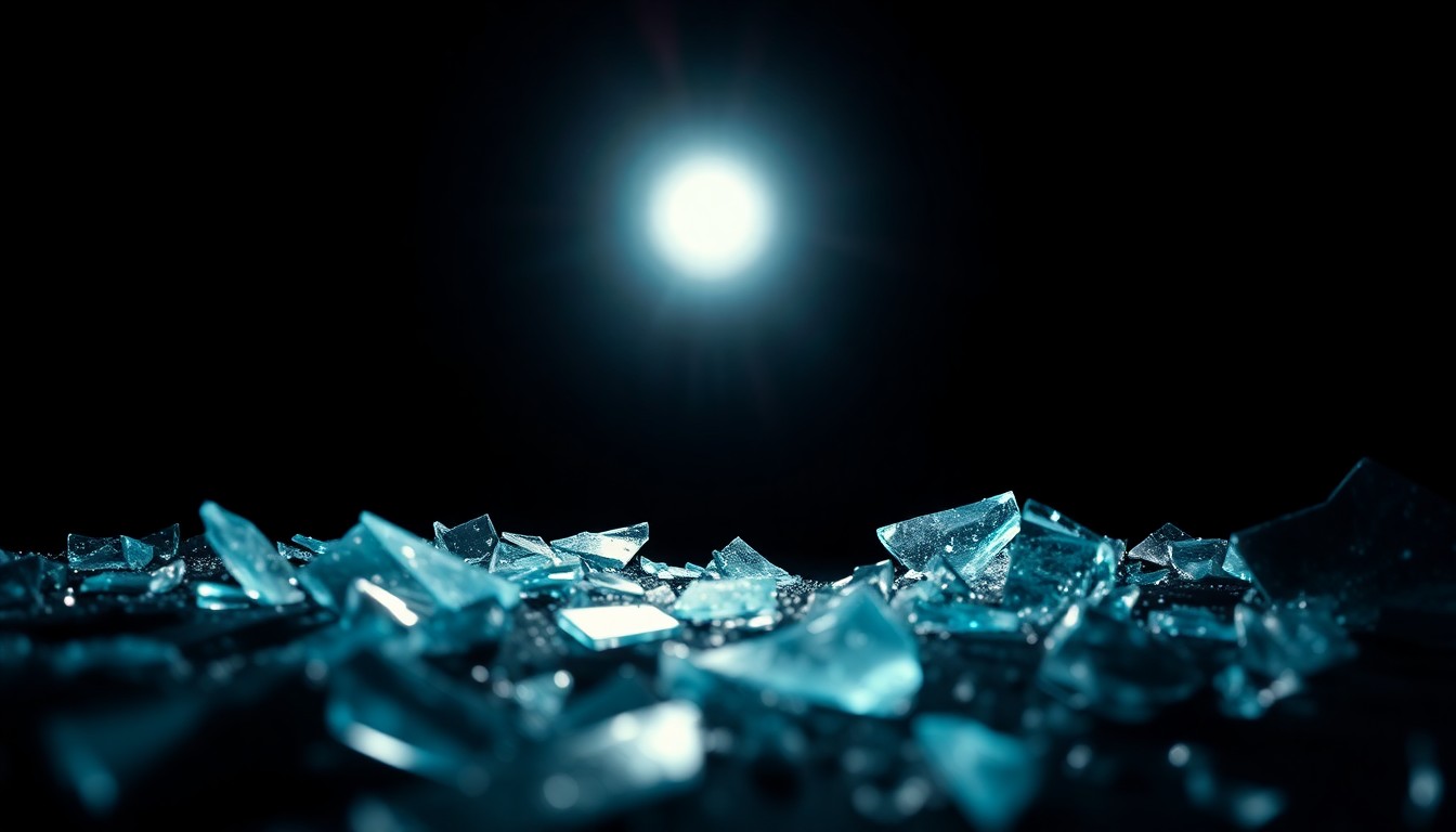 An extreme close-up photograph of broken glass shards on a car seat, conceptually illustrating the vandalism incident in a stark, gritty, investigative aesthetic.
