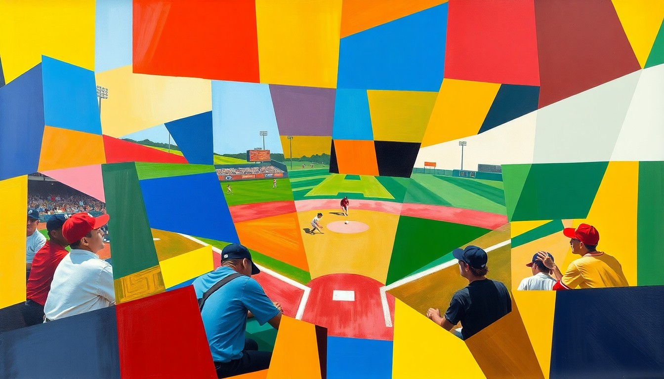A cubist-style painting featuring overlapping geometric shapes and planes of bright primary colors, representing the dynamic action and community atmosphere of a Little League baseball game.