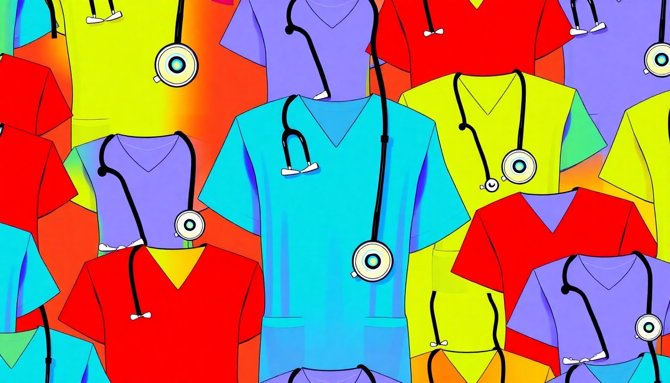 A brightly colored, high-contrast silkscreen print of a nurse's scrubs and stethoscope repeated in a tight grid pattern, capturing the essential role of healthcare workers and the new opportunities they are finding through a state housing assistance program.