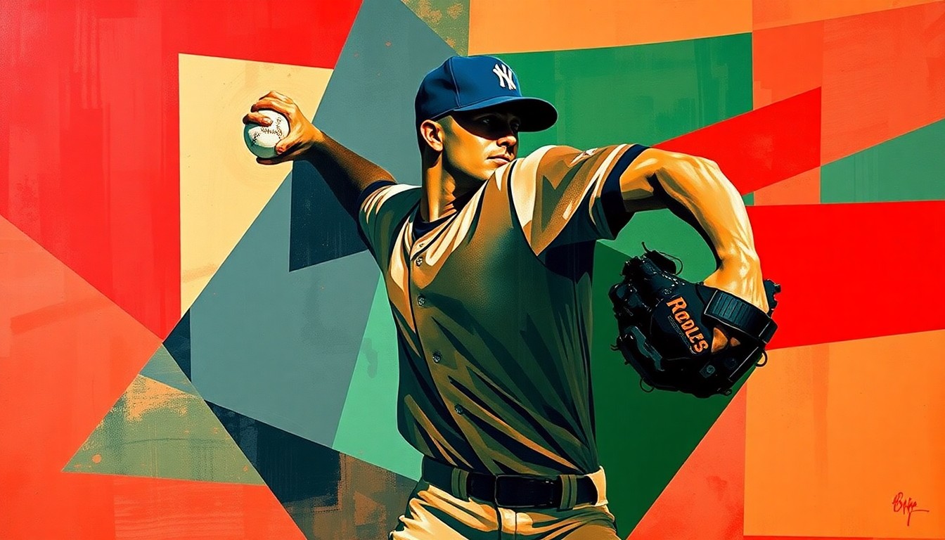 A cubist-style painting depicting a baseball pitcher's motion broken down into sharp, overlapping geometric shapes in a palette of deep red, navy blue, and forest green, conceptually representing the Red Sox's need to reconstruct their pitching approach.