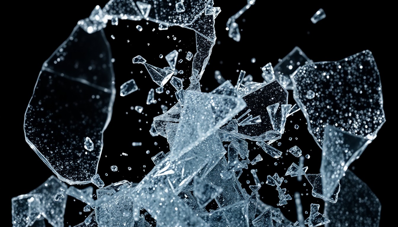 An extreme close-up of shattered glass and glittering sequins in dramatic, high-contrast studio lighting, conceptually representing the glamour and high-stakes drama of the 'Beauty in Black' series.