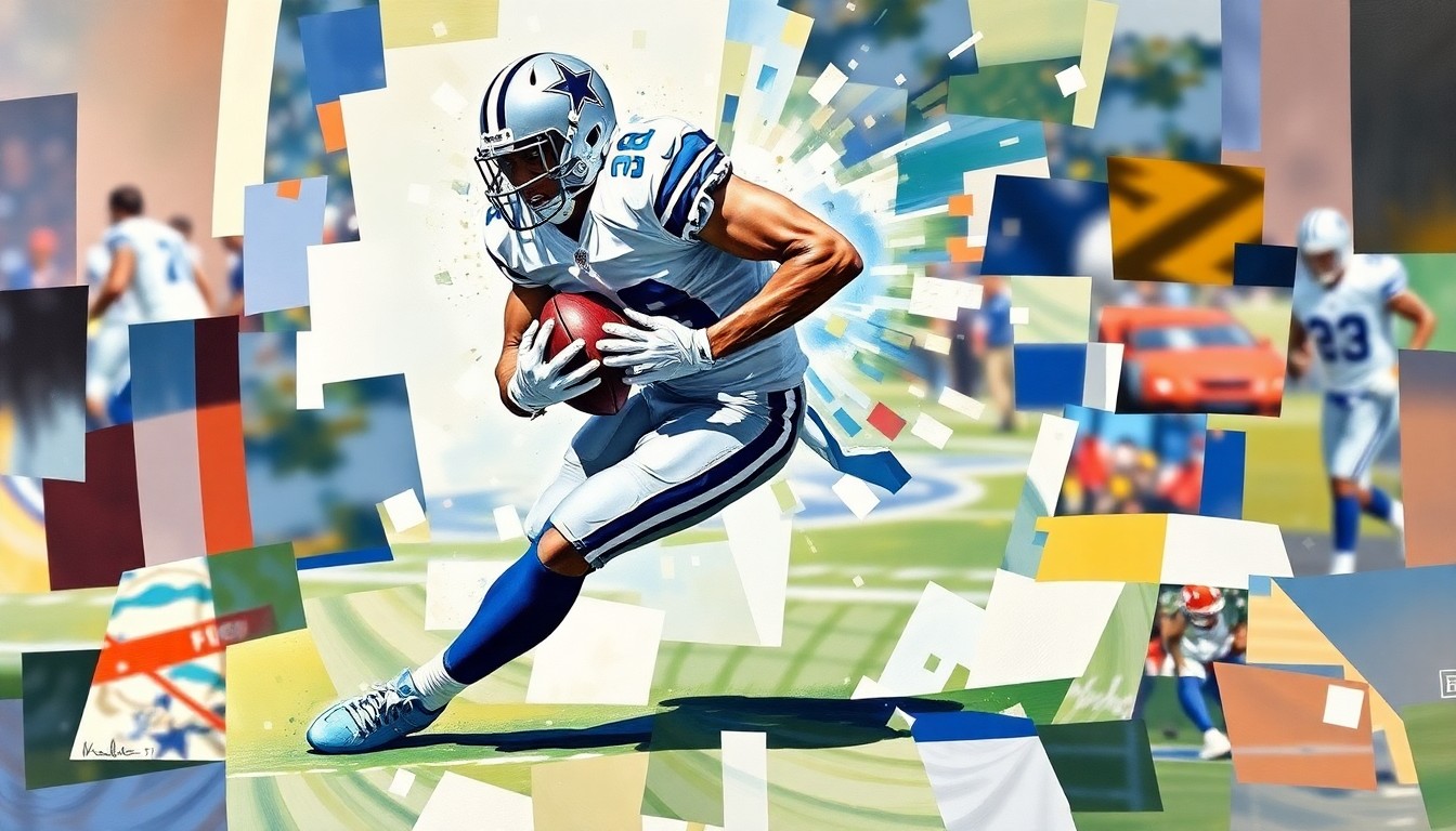 A cubist-style painting depicting a Dallas Cowboys defensive player making a tackle, with the action broken down into sharp, overlapping geometric shapes and planes of color.