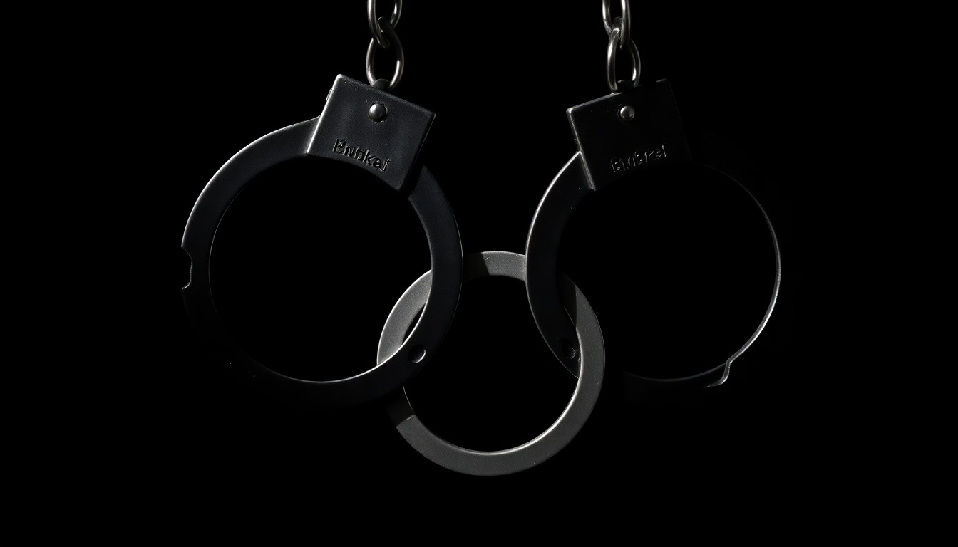 An extreme close-up photograph of a pair of handcuffs against a pitch-black background, lit by a harsh, direct camera flash, conceptually illustrating the criminal justice system.