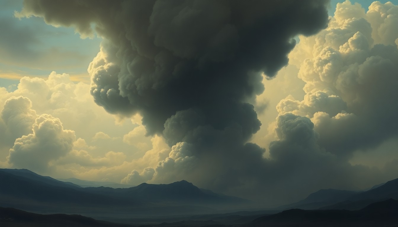 A sweeping, atmospheric landscape painting in muted tones, with a massive plume of smoke rising from the distant horizon, obscuring the details of the surrounding environment and conveying a sense of melancholic awe at the overwhelming power of the natural disaster.