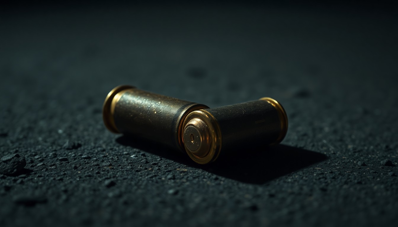 An extreme close-up photograph of a spent bullet casing on a dark concrete surface, lit by a harsh, direct camera flash, conceptually representing the aftermath of a shooting incident.