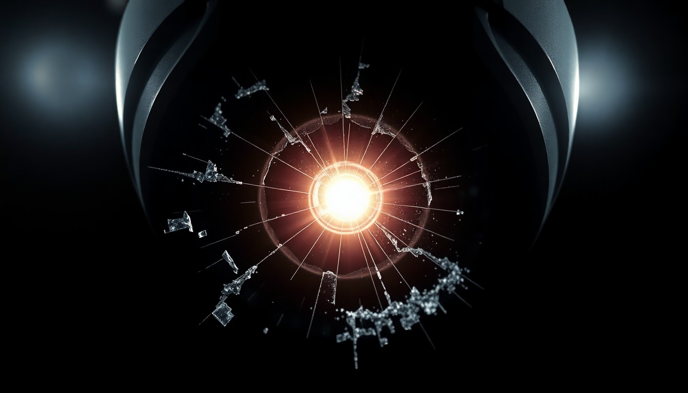 An extreme close-up photograph of a shattered security camera lens, lit by a harsh, direct camera flash against a pitch-black background, conceptually representing the chaos and violence of a crime scene at a public transit hub.