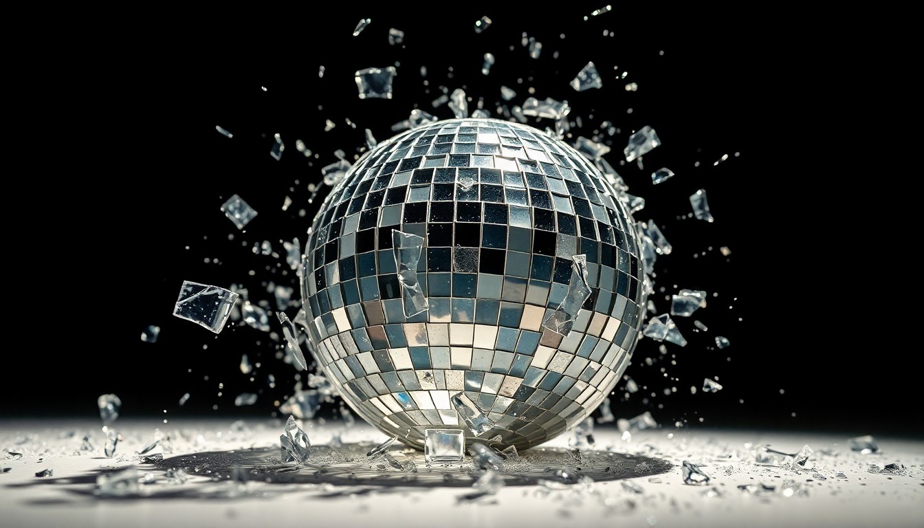 An extreme close-up of shattered, glittering disco ball glass reflecting dramatic studio lighting, conceptually representing the vibrant energy and glamour of Prince's musical legacy.