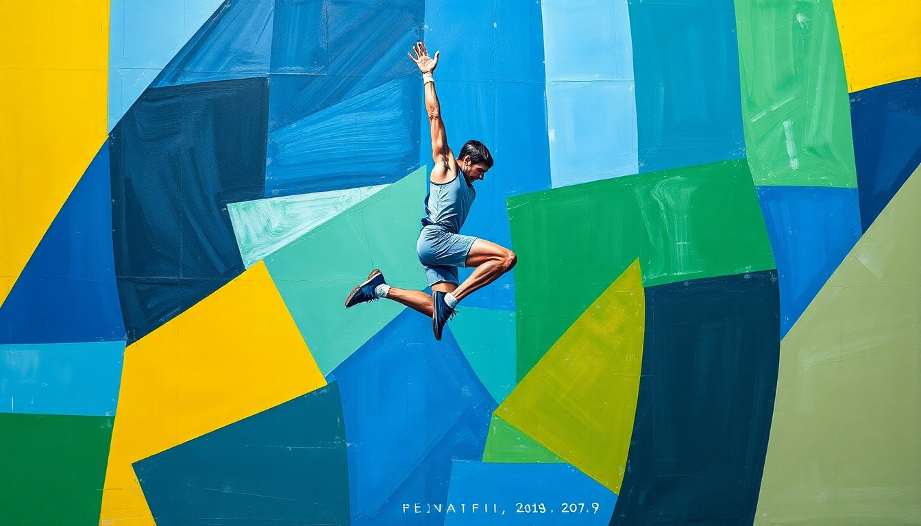 A fractured, multi-perspective painting depicting a high jumper mid-leap, with vibrant, overlapping geometric shapes in shades of blue, green, and yellow creating a dynamic, abstract composition.