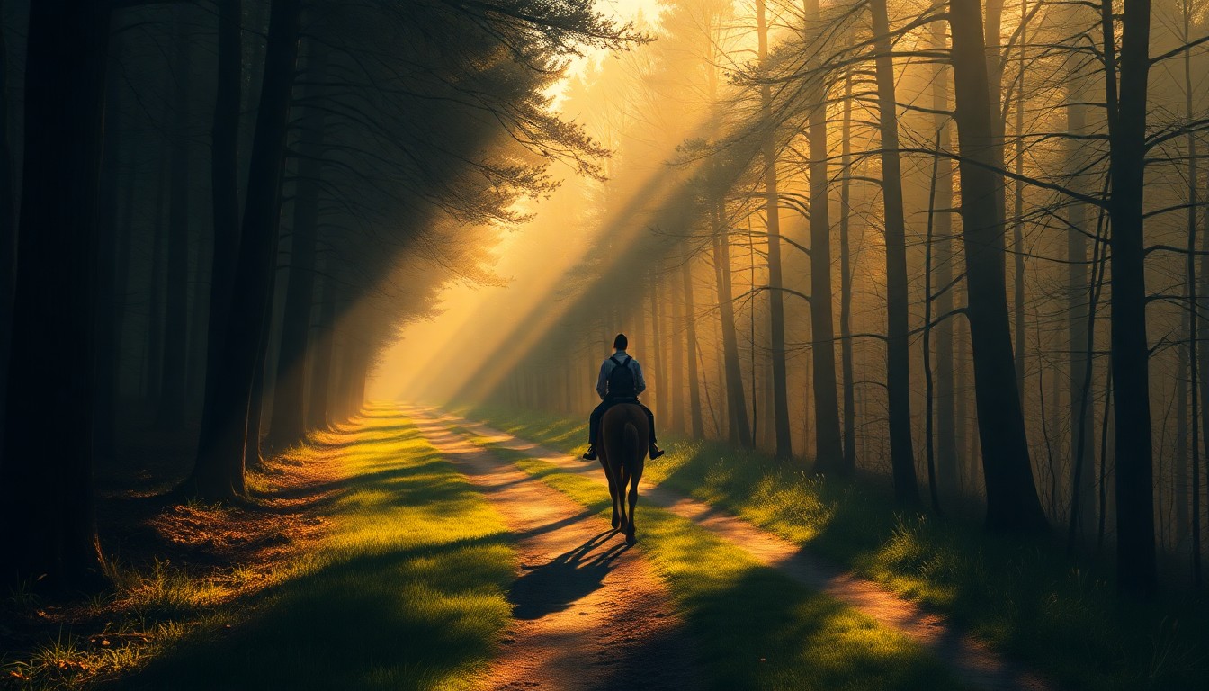 A serene, painterly scene of a lone horse and rider on a winding forest trail, the rider silhouetted against the warm, golden light filtering through the trees, conceptually representing the long-standing cultural significance of the 9-Day Trail Ride event.