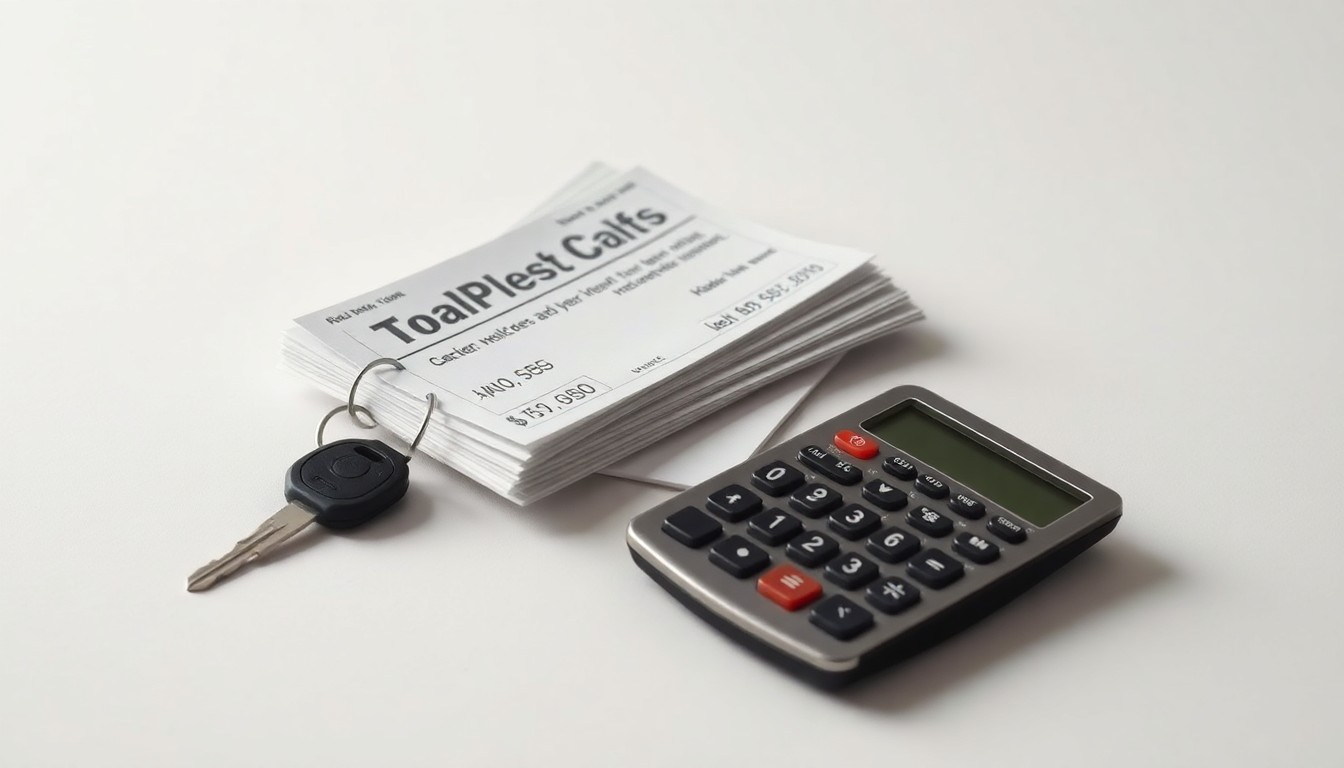 A minimalist studio still life photograph featuring a stack of unpaid bills, a calculator, and a single car key arranged on a clean, monochromatic background, conceptually representing the financial stress faced by laid-off waterworks employees.