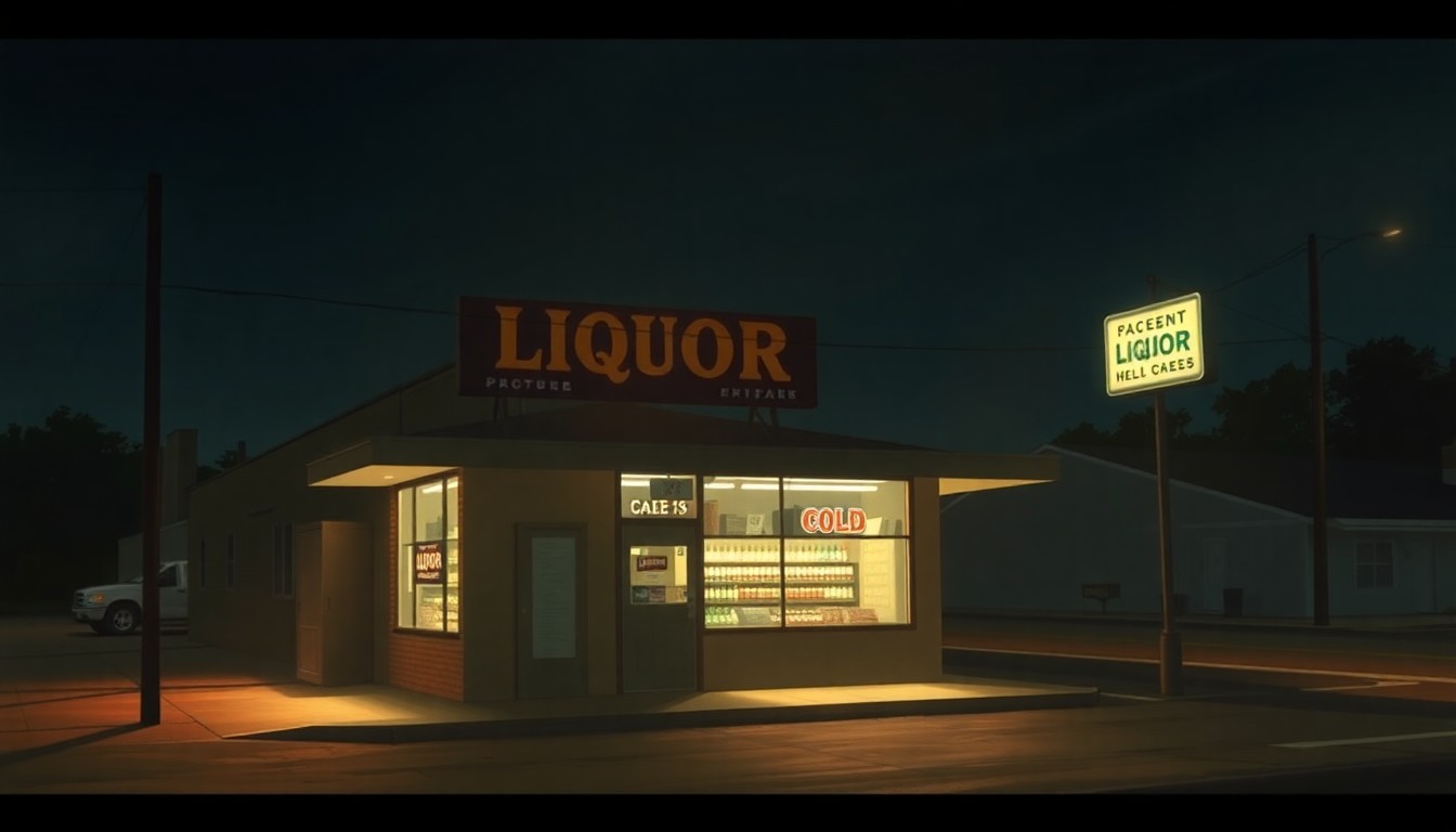 A serene, nostalgic painting of a small-town liquor store, its windows glowing with warm light and casting deep shadows on the sidewalk, capturing the quiet contemplation of a community's decision on Sunday sales.