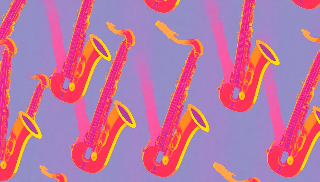 A brightly colored, high-contrast silkscreen print of a saxophone repeated in a tight grid pattern, using flat, vibrant, and unnatural neon color palettes overlapping with heavy black photographic outlines to turn the everyday musical instrument into modern pop art.
