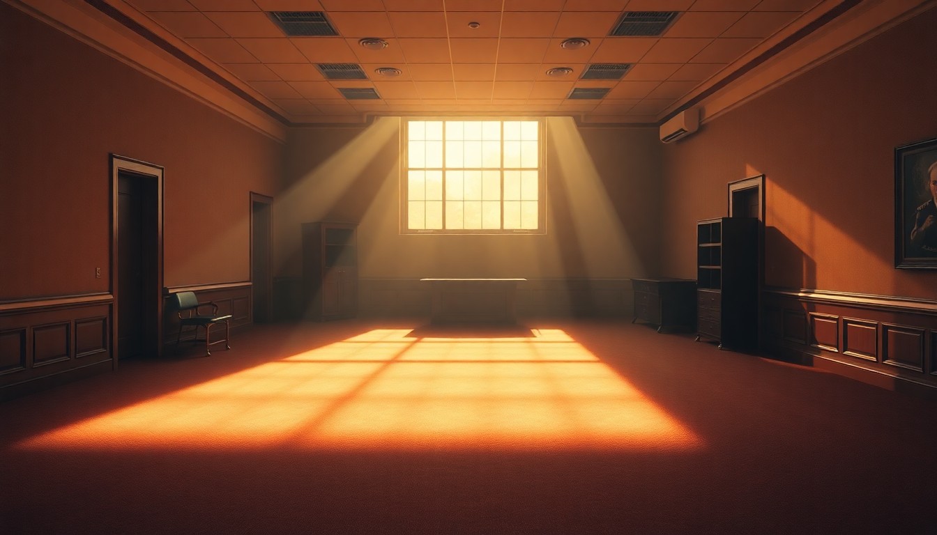 A dimly lit, cinematic painting of an empty government office space, with warm sunlight streaming in through the windows and deep shadows casting an ominous mood, conveying the political tension and uncertainty surrounding the current administration.