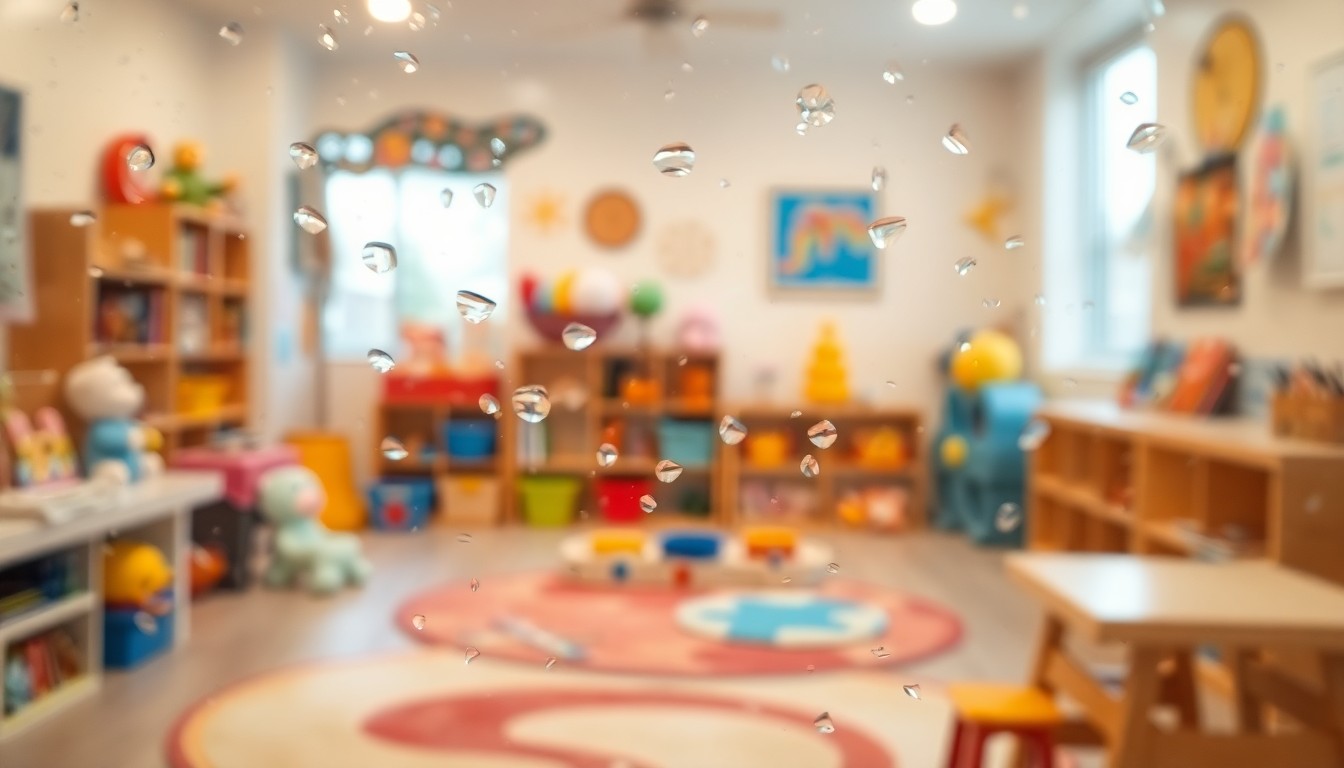An abstract, impressionistic scene of blurred shapes and soft, glowing colors representing the welcoming environment of a daycare center, conveying the emotional and conceptual essence of the story without depicting any specific people, objects or locations.