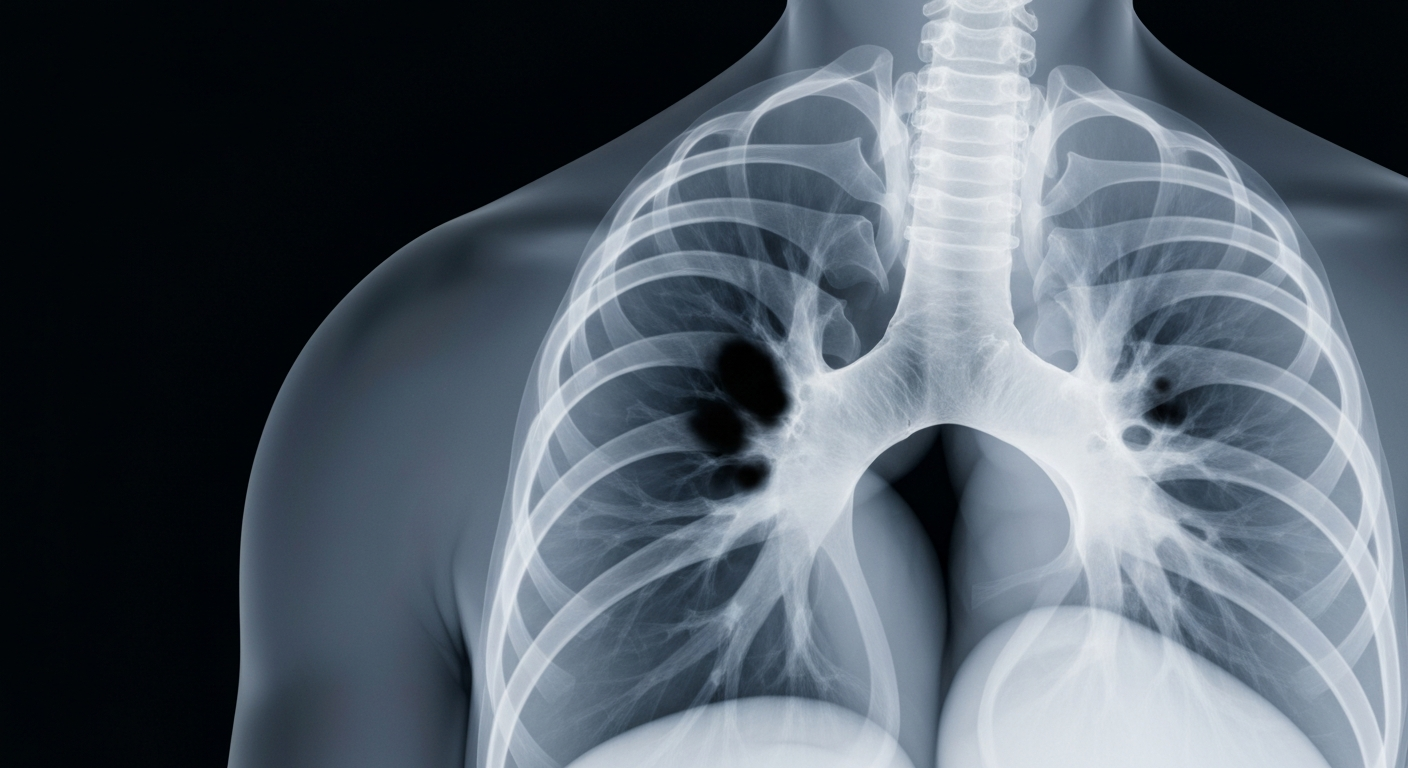 A ghostly, translucent X-ray photograph showing the internal structures of a human lung, with a faint, obscured presence suggesting the spread of tuberculosis bacteria.