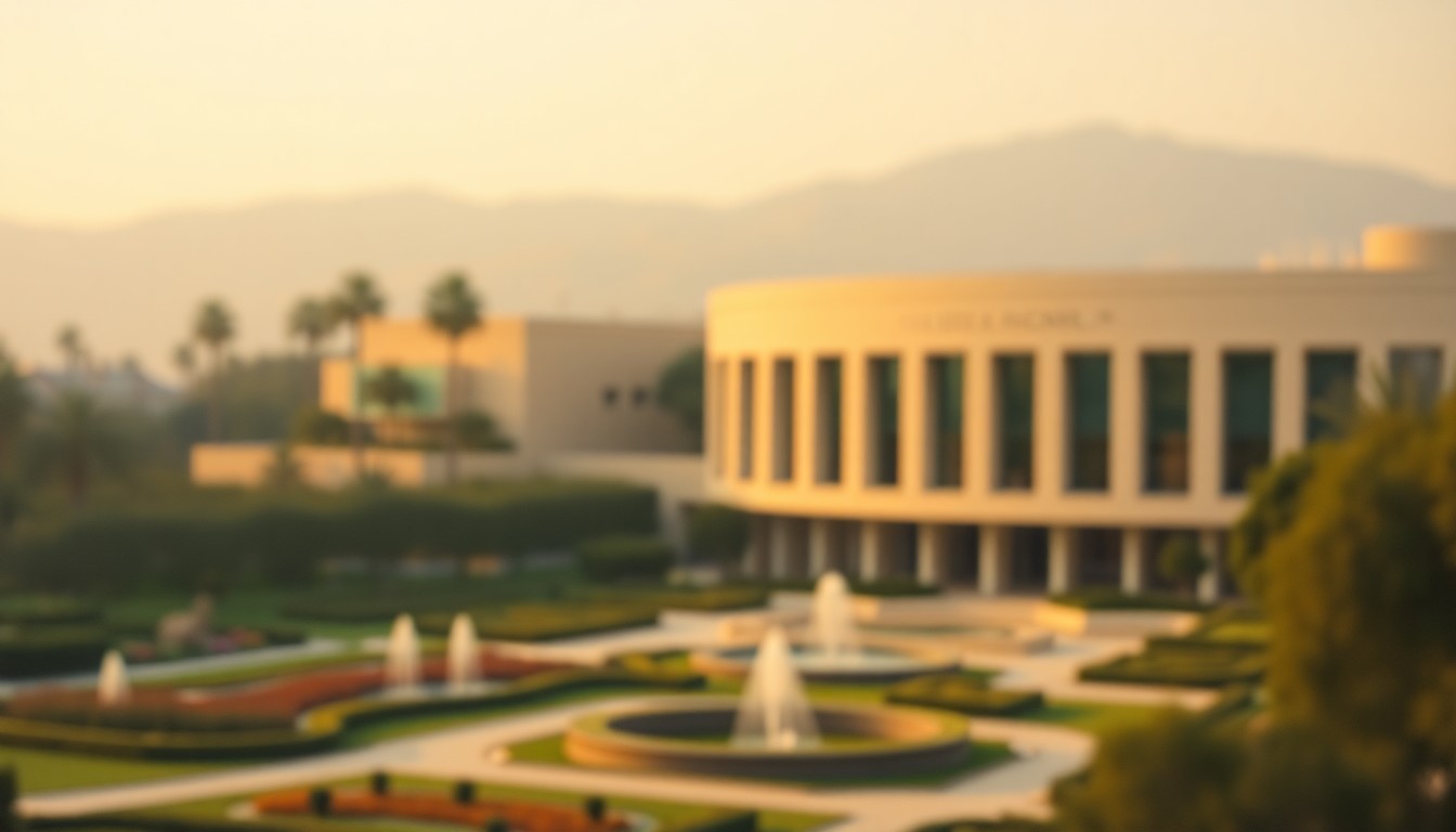 An impressionistic, out-of-focus photograph showing the distinctive architecture of the Getty Center, with its gardens and fountains visible in the background, captured in a soft, warm, and hazy color palette.