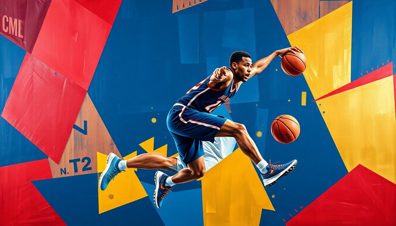 A cubist-style painting depicting a high school basketball player in motion, with their figure broken down into sharp, overlapping geometric shapes in navy, red, and gold, conveying the dynamic energy of the sport.