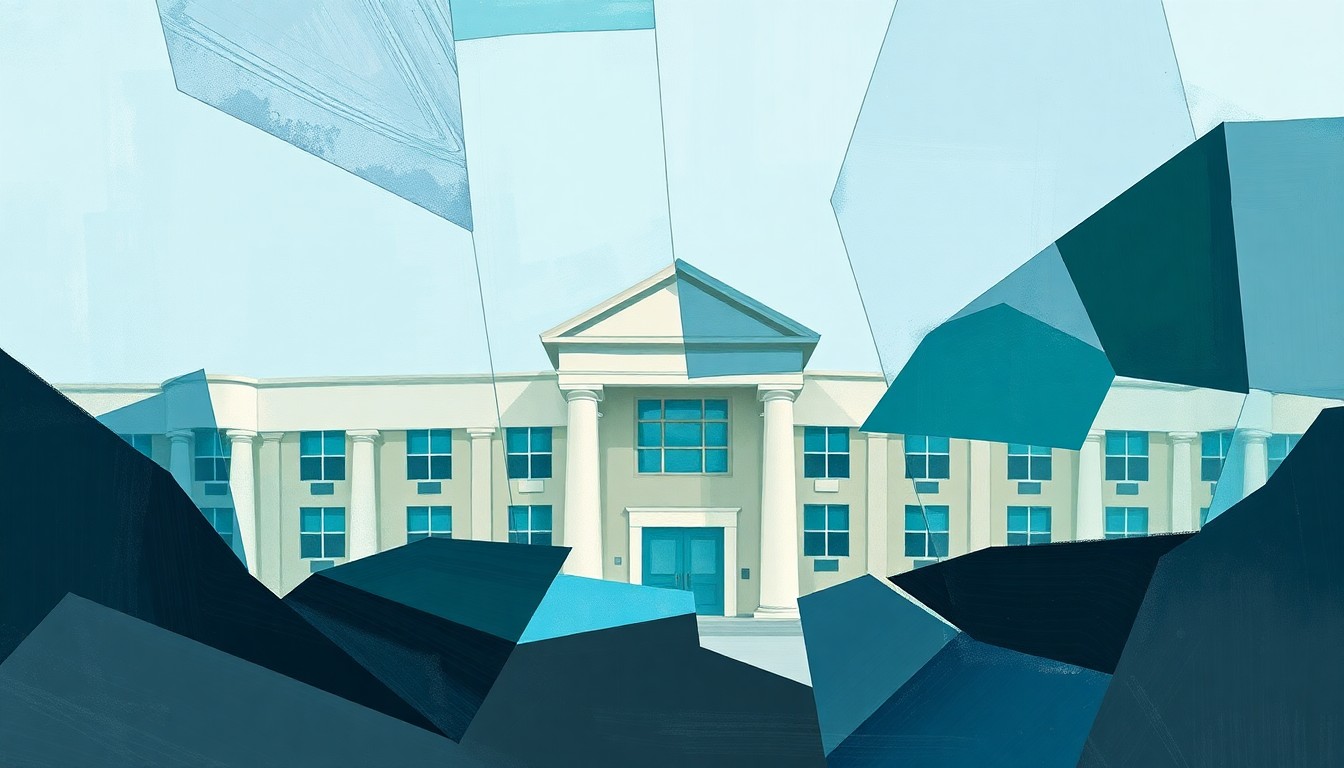 An avant-garde painting of a school building, with overlapping, geometric shapes and waves of color in shades of blue, green, and gray, conceptually representing the ongoing debate over transgender student protections.