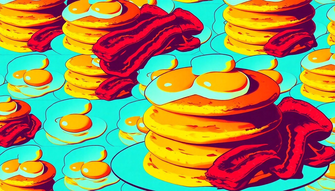 A stylized, pop art-inspired illustration of a stack of pancakes, eggs, and bacon in a repeating grid pattern, using bright, unnatural colors and heavy black outlines to capture the energy of a community restaurant's revival.