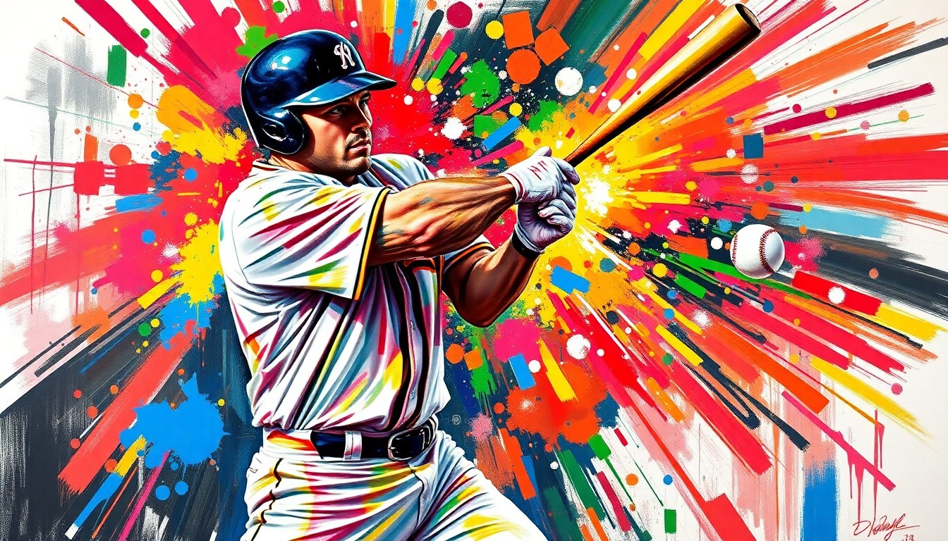 An abstract expressionist painting in vibrant neon colors, with rapid brushstrokes capturing the powerful motion and energy of a baseball player hitting a home run, the player's features indistinct.