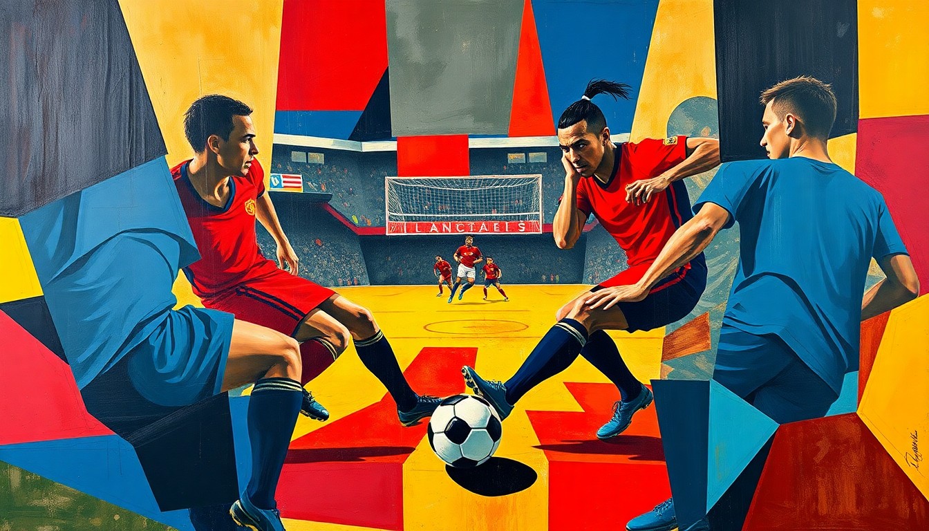 A fragmented, geometric painting depicting the forms of football players and a ball, rendered in bold, angular shapes and a palette of crimson, navy, and gold, capturing the energy and anticipation of the upcoming NFL draft.