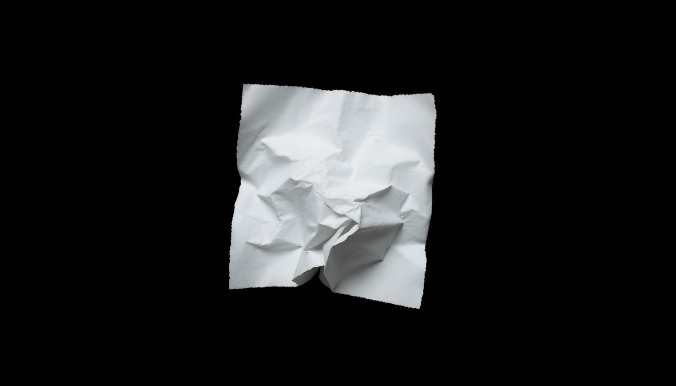An extreme close-up of a crumpled piece of paper evidence against a pitch-black background, lit by a harsh camera flash, conceptually representing the investigation into a sexual assault case.