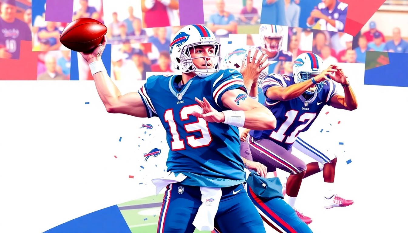 A fractured, multi-perspective painting in the style of Pablo Picasso, breaking down the Bills' passing game into sharp, overlapping geometric planes and shapes.