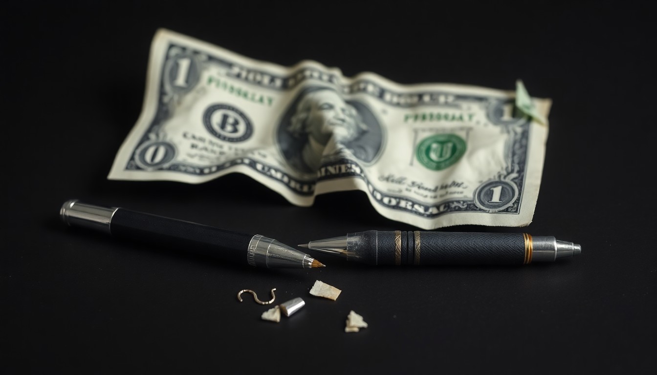 An extreme close-up photograph of a crumpled dollar bill and a broken pen on a dark background, conceptually representing the financial fraud and abuse of the U Visa program.
