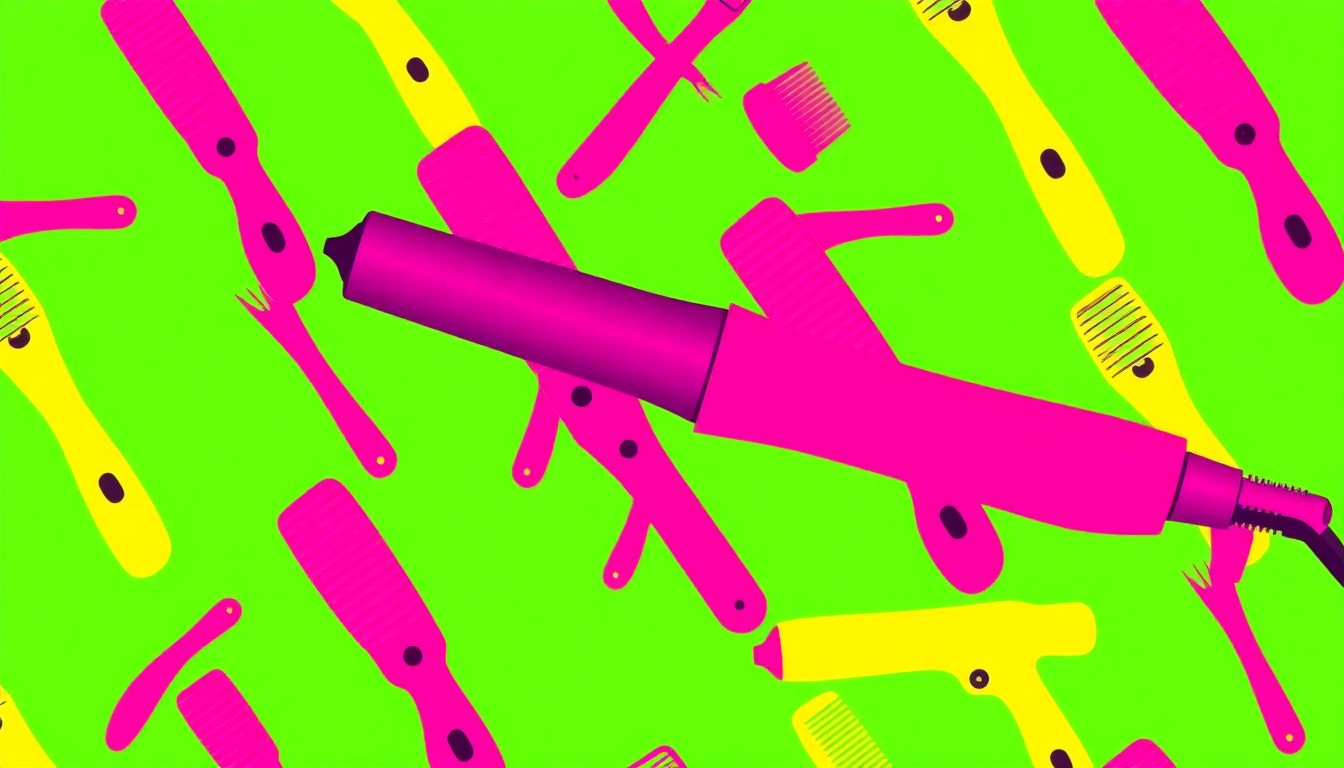 A high-contrast, neon-colored silkscreen print of a hair styling tool repeated in a grid pattern, conceptually representing the creativity and energy of a modern hair salon.