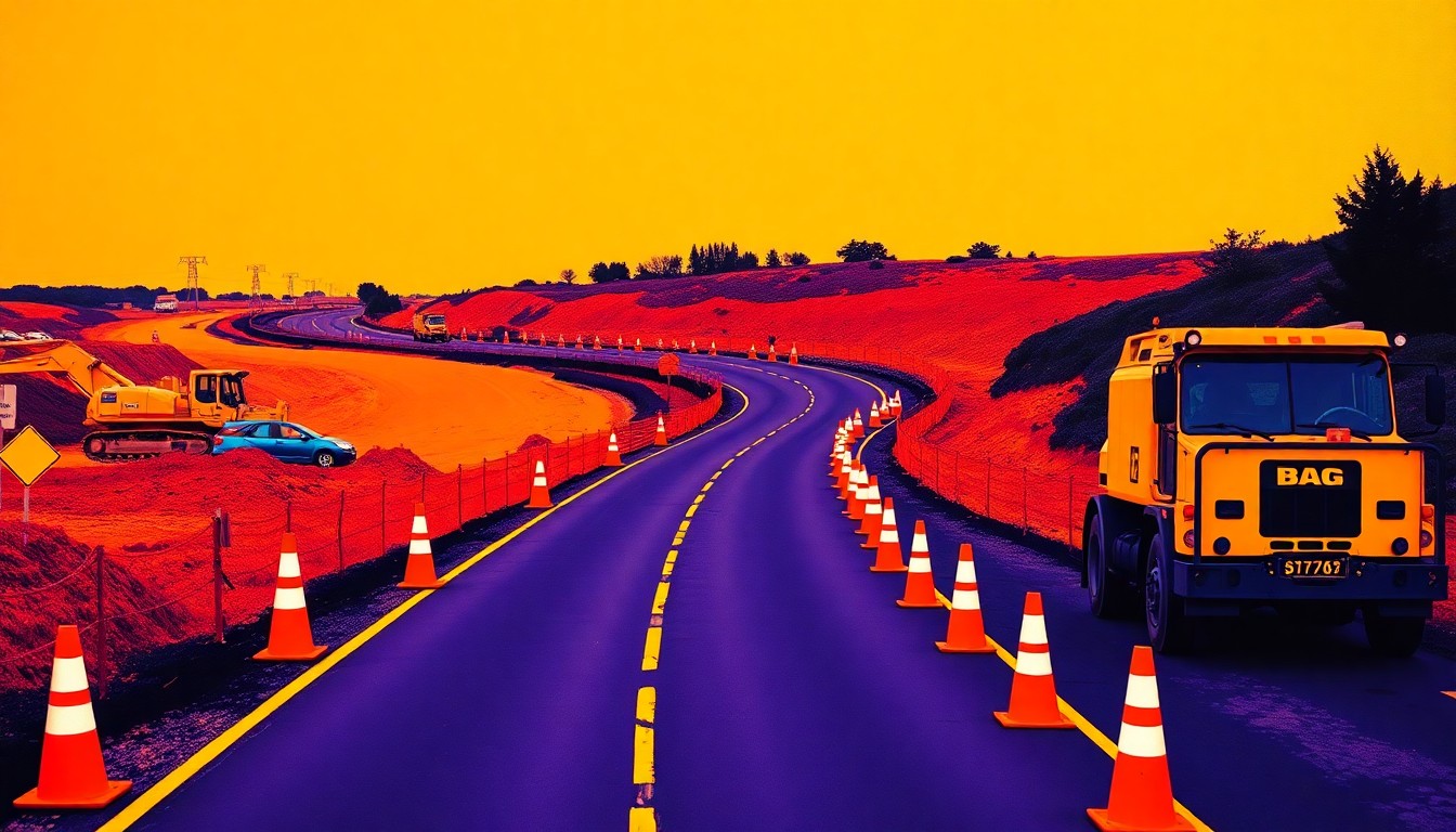 A brightly colored, high-contrast silkscreen print of a single, iconic image of a road construction site, with orange cones, heavy machinery, and a winding road repeated in a tight grid pattern, capturing the disruptive energy of the Middleton Road widening project in Nampa.