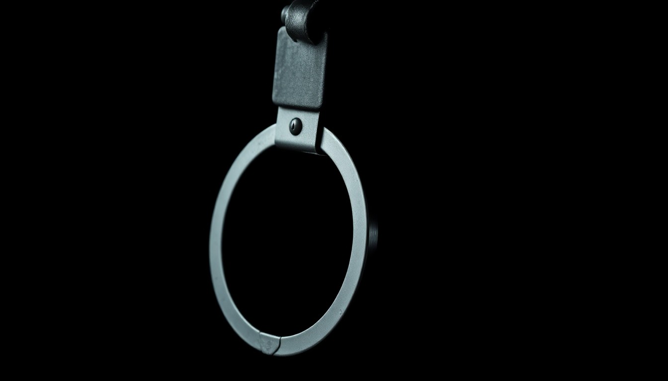 An extreme close-up photograph of a metal handcuff against a pitch-black background, lit by a harsh, direct camera flash, creating a stark, gritty, investigative aesthetic.