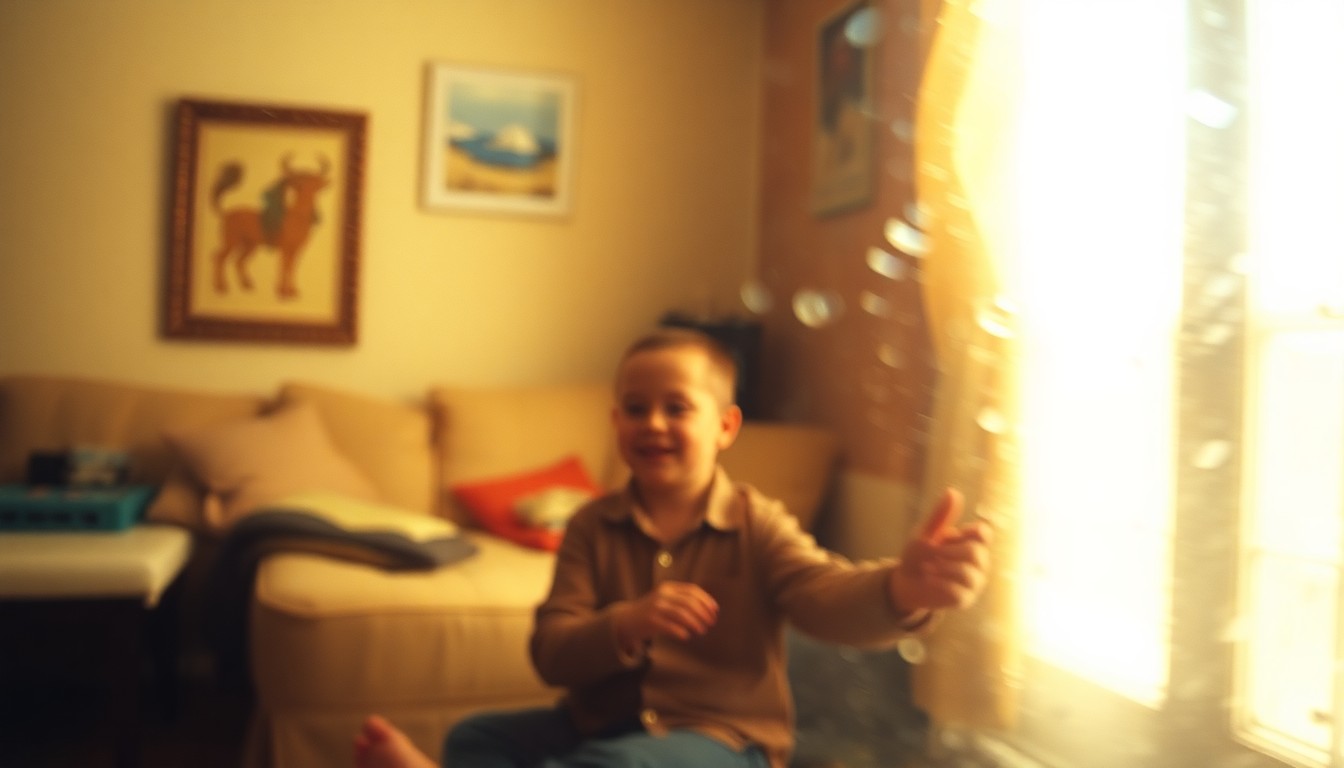 An abstract, softly-focused image of a parent and child playing together in a warm, domestic setting, conveying the emotional challenges of raising children amidst high costs.