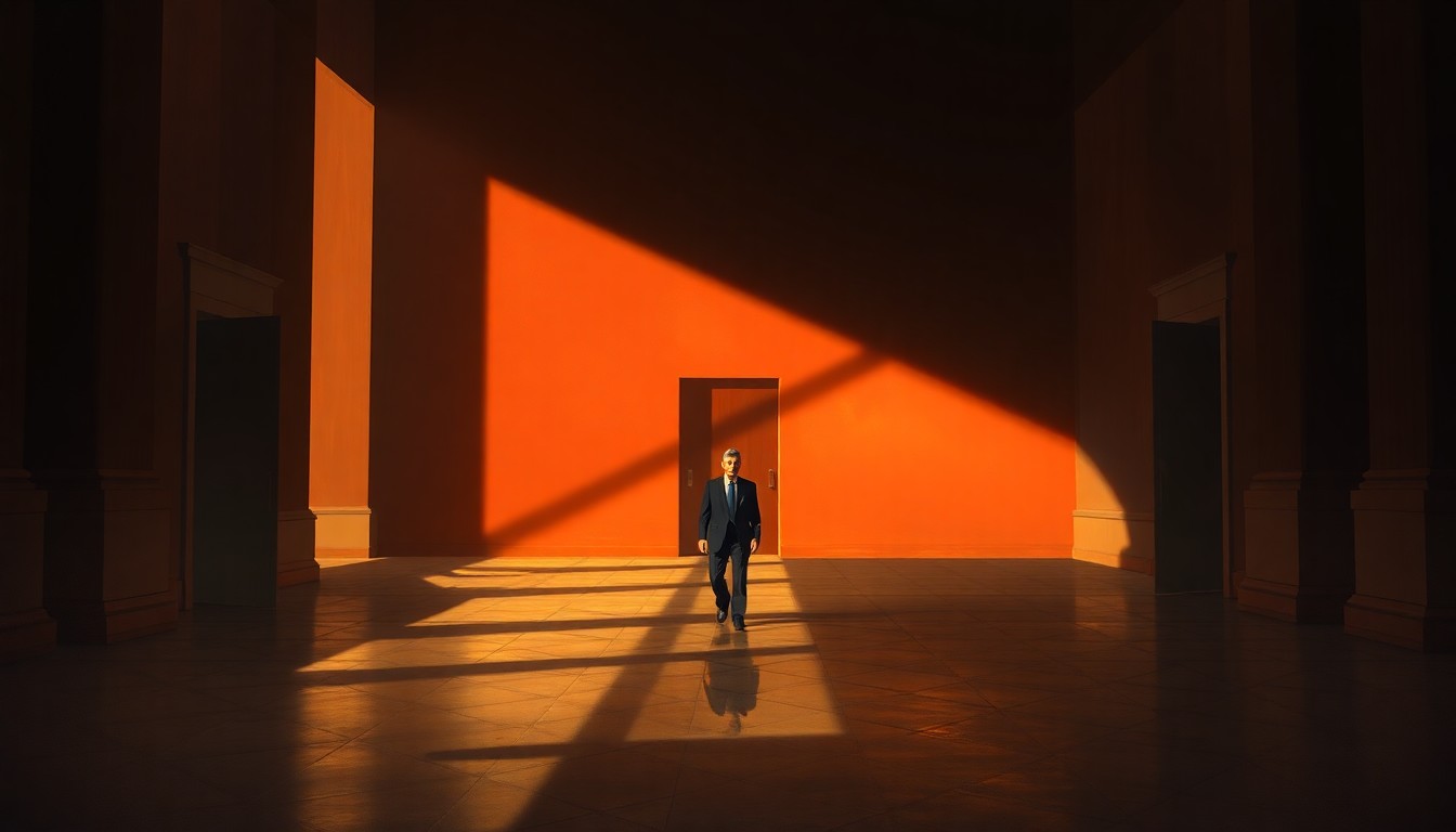 A dimly lit, cinematic painting of an empty government building or political office, with warm sunlight streaming through the windows and deep shadows cast across the room, conveying a sense of solemnity and contemplation around the use of religious language to justify war.