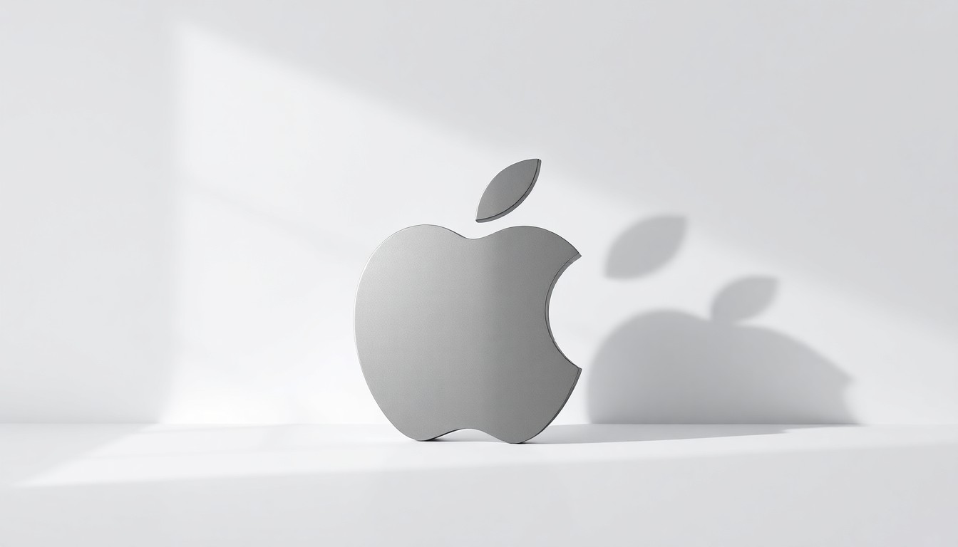 A photorealistic studio still life of a sleek, silver Apple logo sculpture resting on a plain white background, casting a dramatic shadow that symbolizes the weight of the company's decision to shutter this pioneering unionized retail location.