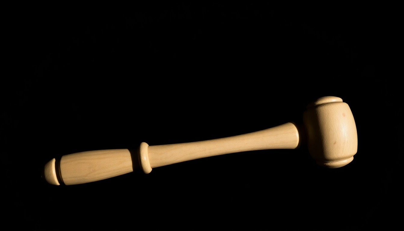 An extreme close-up of a gavel, its metallic surface reflecting the harsh light of the camera flash, conceptually representing the gravity of a judicial sentencing.