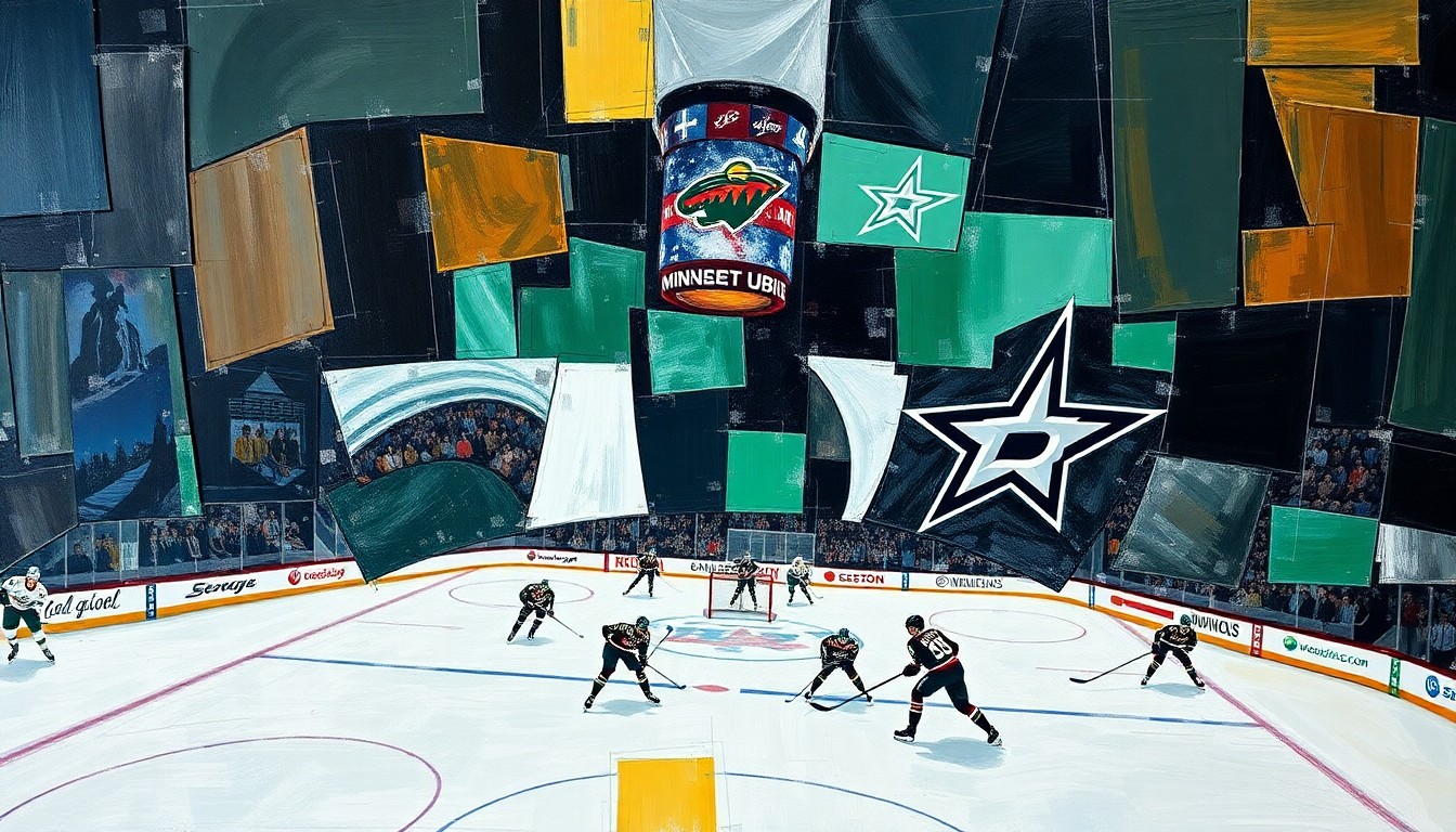 A cubist, geometric painting depicting a hockey game in progress, with the players and action broken down into sharp, overlapping shapes and planes of color, conveying the high-stakes, physical nature of the matchup between the Minnesota Wild and Dallas Stars.