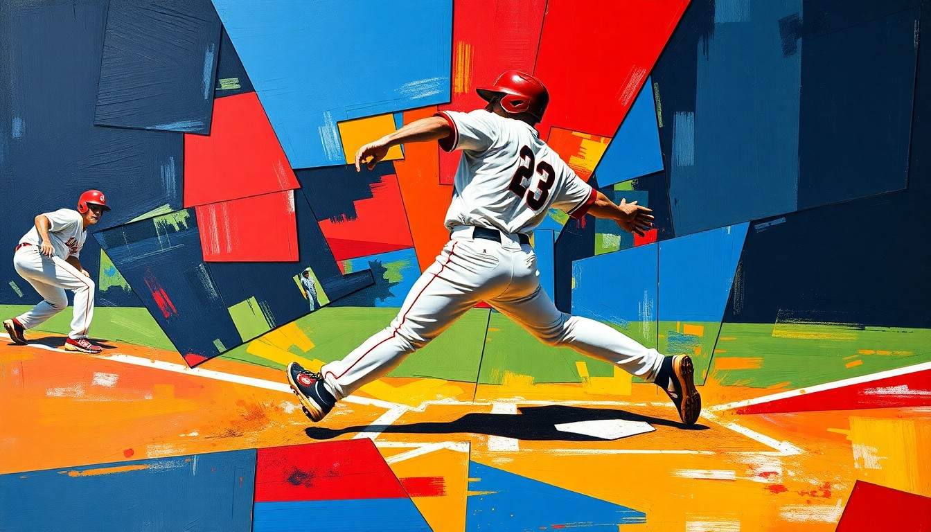 A cubist, geometric painting depicting a baseball player sliding into home plate or rounding the bases, with sharp, overlapping planes of vibrant colors like navy, crimson, and goldenrod, capturing the dynamic energy of the sport.