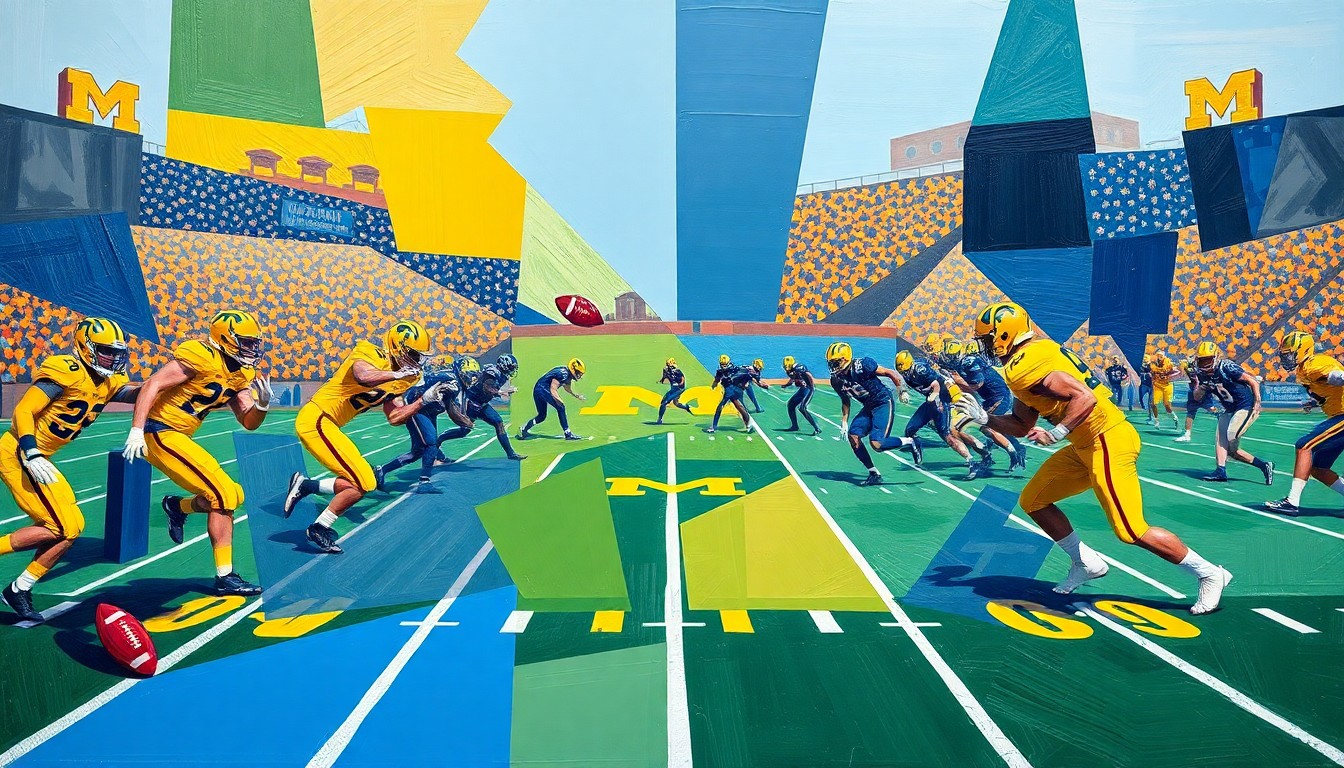 A cubist, geometric painting depicting a Michigan football practice, with players, footballs, and field markings fractured into sharp, overlapping planes of vibrant maize and blue colors.