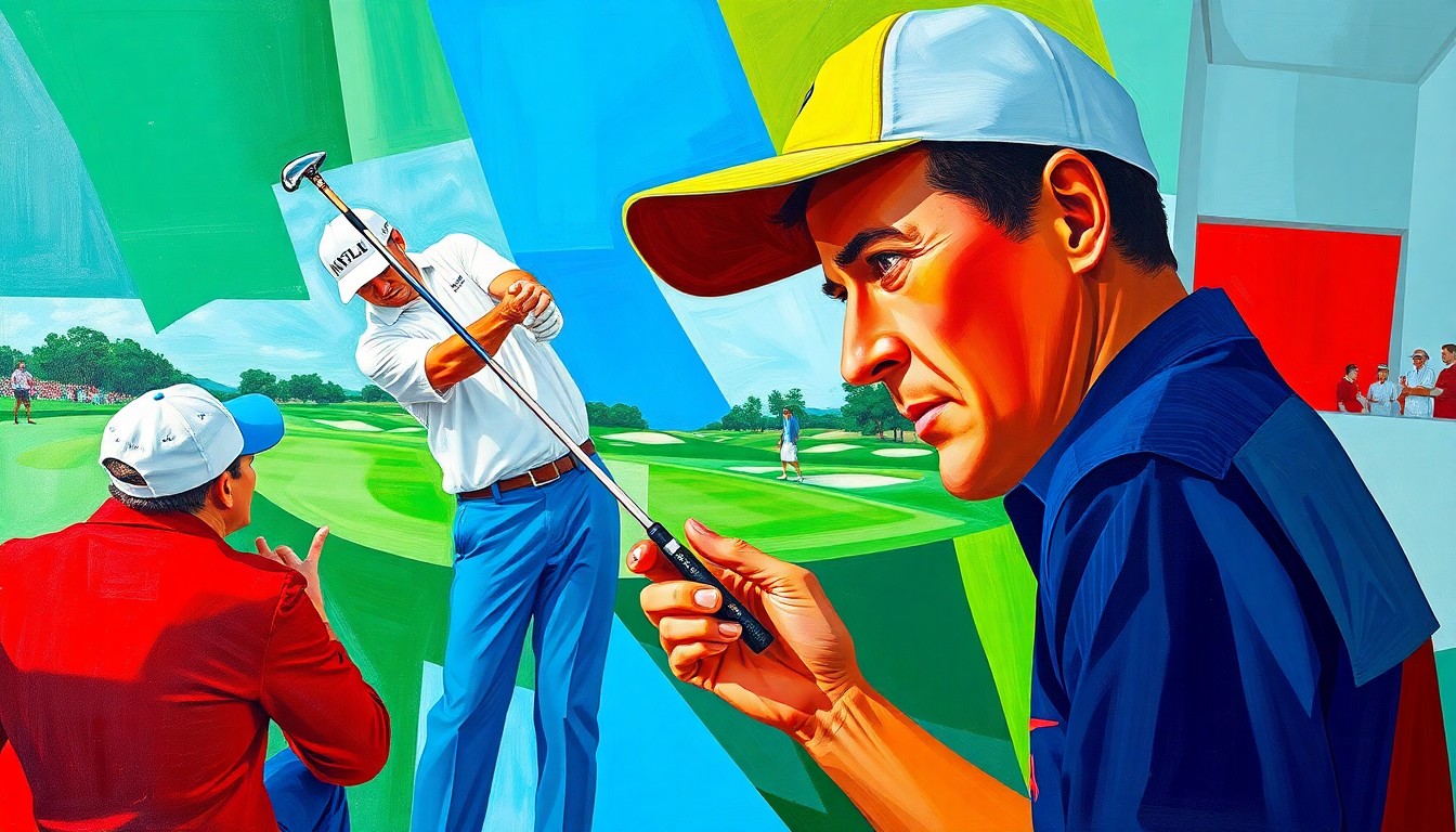 A fragmented, geometric painting depicting Bryson DeChambeau's golf swing, bunker shots, and interaction with a patron, rendered in a cubist style with vibrant colors.
