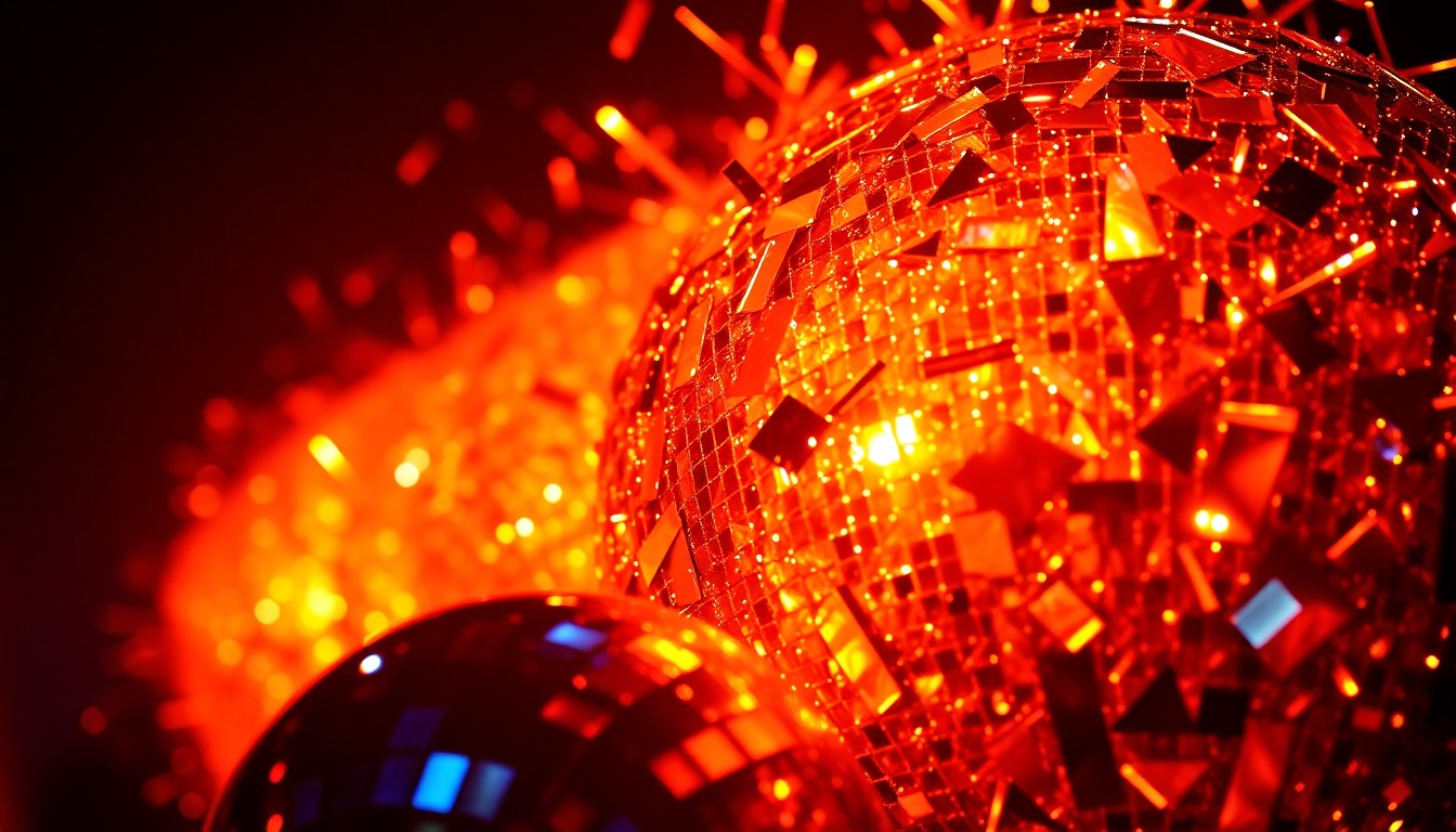 An abstract close-up image of shattered disco ball fragments reflecting bright, colorful light, conveying the high-energy, glamorous atmosphere of the Coachella music festival.