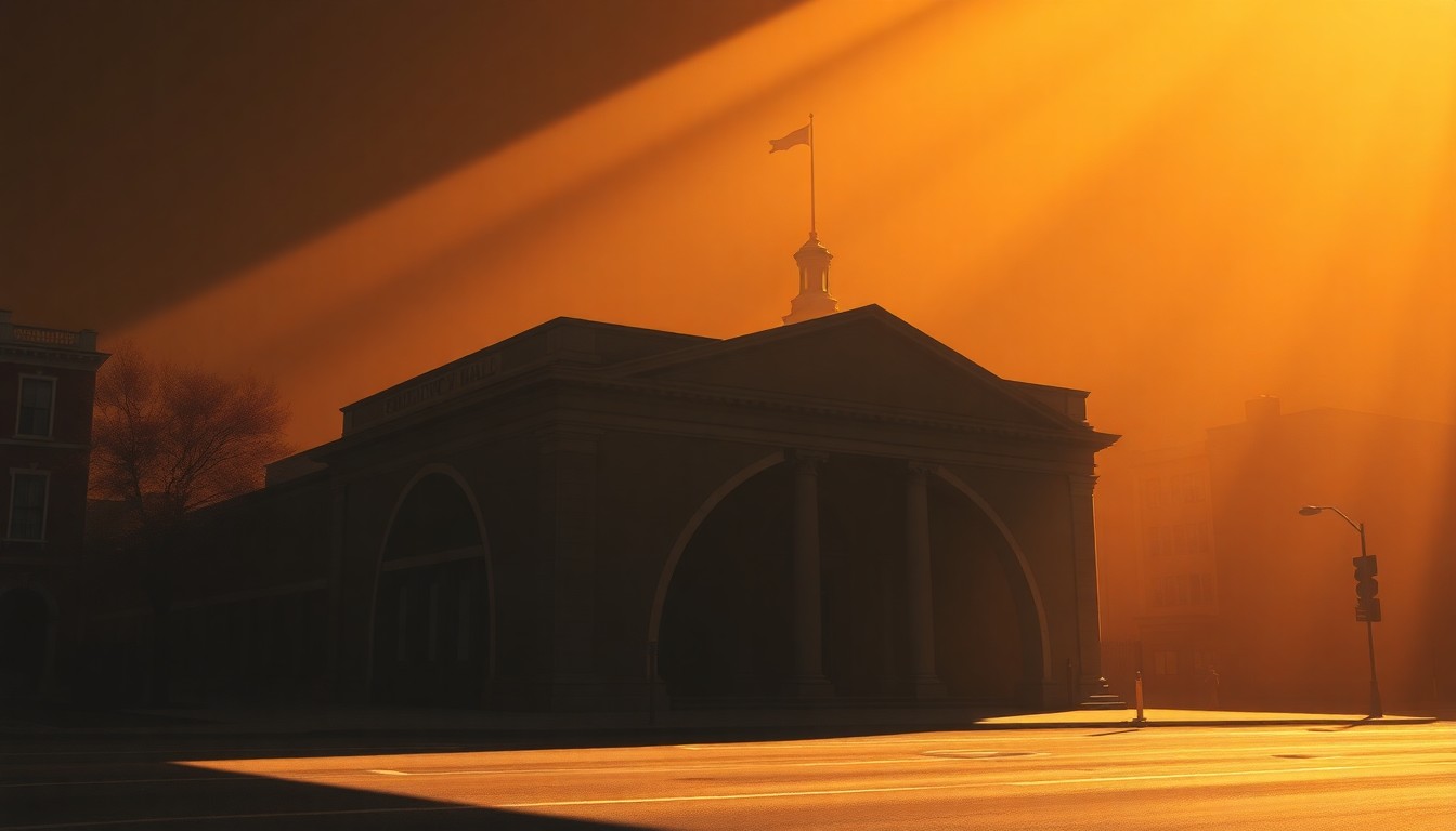 A serene, realistic painting of a government building in a small town, with warm lighting and deep shadows creating a contemplative, nostalgic mood.