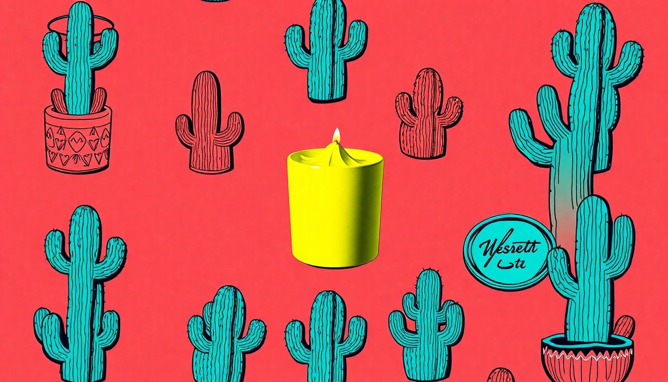 A high-contrast, silkscreen-style grid of brightly colored, neon-hued desert-themed objects like cactus-shaped candles, ceramic incense holders, and embroidered patches, conceptually representing the unique, handcrafted products available at the Arizona Poppy shop in Tucson.