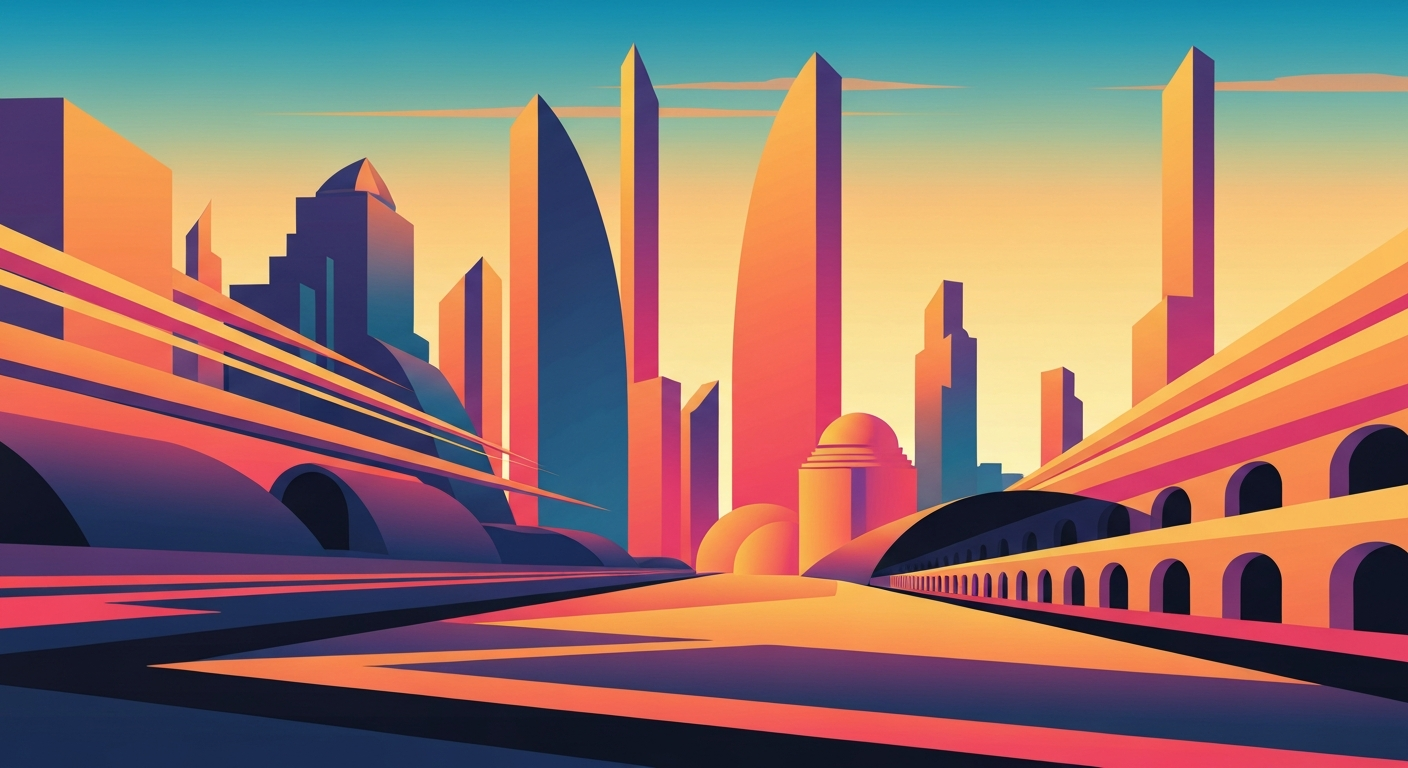 A bold, highly stylized Art Deco-inspired illustration depicting the grand scale and sweeping perspectives of the travel industry, with sleek, streamlined forms and smooth airbrushed gradients, conceptually representing the disruption and uncertainty caused by fluctuating fuel prices.