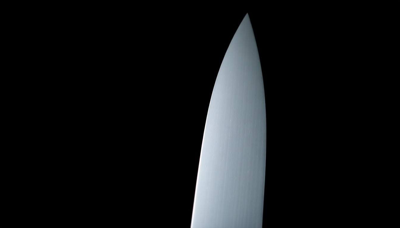 An extreme close-up photograph of a shiny metal knife blade against a pitch-black background, creating a stark, gritty, investigative aesthetic through the use of harsh, direct flash lighting.