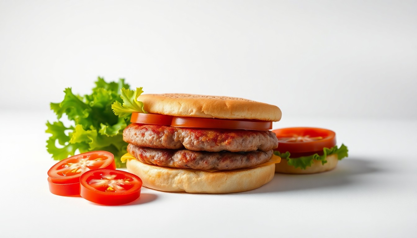 A photorealistic studio still-life photograph featuring a stack of fresh, juicy hamburger patties, a handful of crisp lettuce leaves, and a few sliced tomatoes arranged elegantly on a clean, white seamless background, conveying the quality and care that goes into In-N-Out's made-to-order menu.