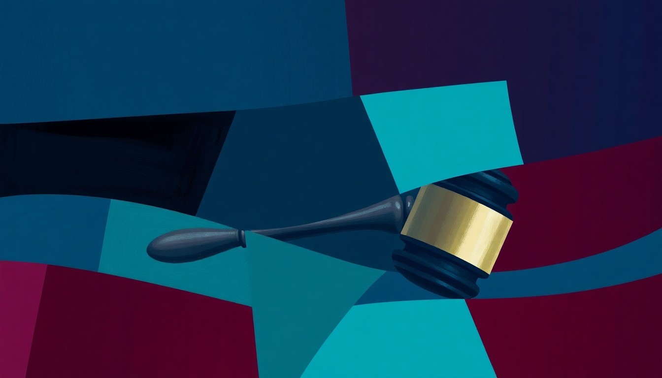 A dynamic, abstract painting featuring a repeating, fragmented image of a gavel in shades of blue, teal, and burgundy, conveying the conceptual idea of legislative momentum and political tension around the issue of abortion rights.